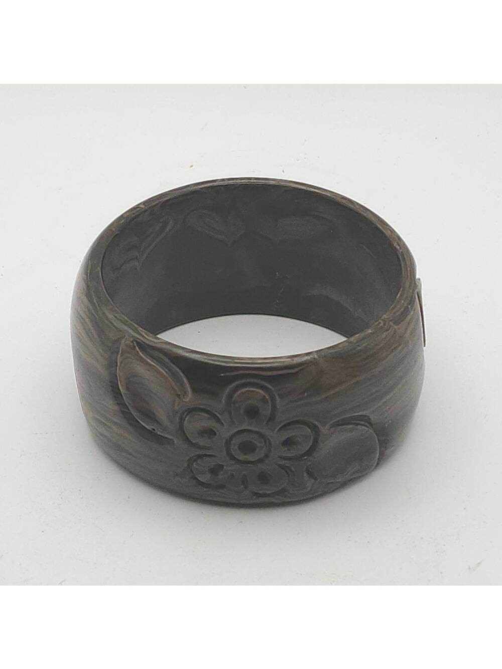 Carved Brown Marbled Floral Wide Bangle Bracelet Lucite Style Acrylic Retro